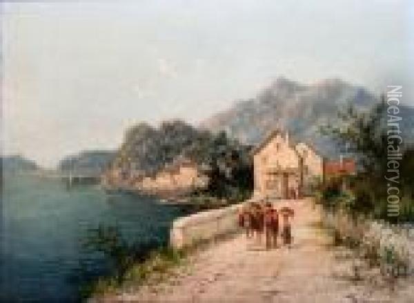 Italian Coastal Scene With Two Figures And Adonkey On A Path Oil Painting - William Raymond Dommersen