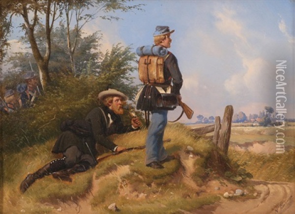 Soldater I Felt Oil Painting - Niels Simonsen