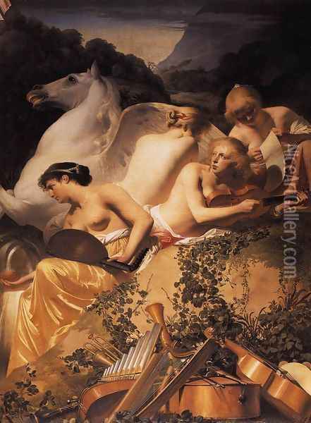 Four Muses and Pegasus on Parnassus c. 1650 Oil Painting - Caesar Van Everdingen