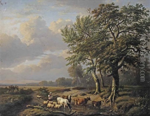 A Landscape With A Shepherdess And Her Flock Resting Near A Stream Oil Painting - Louis-Pierre Verwee and Eugene Joseph Verboeckhoven