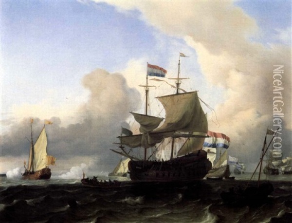 A Frigate And Other Vessels In Choppy Sea Oil Painting - Ludolf Backhuysen the Elder