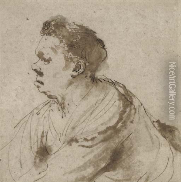 Caricature Of A Man, Half-length, In Profile To The Left Oil Painting - Guercino