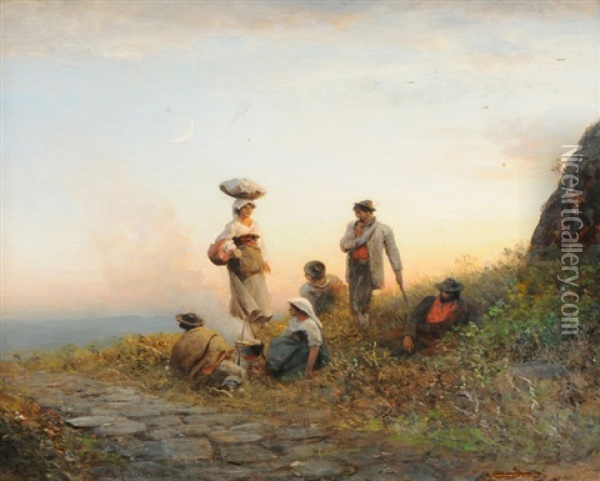 Rastende Bauern In Der Dammerung Oil Painting - Albert Flamm