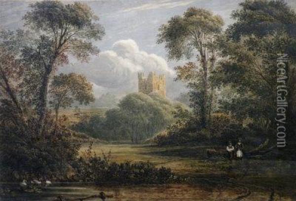 A Wooded River Landscape With Distant Castle Oil Painting - William Havell