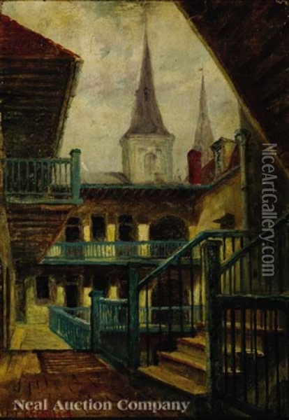 Cabildo Courtyard With The St. Louis Cathedral Steeple Oil Painting - George Frederick Castleden
