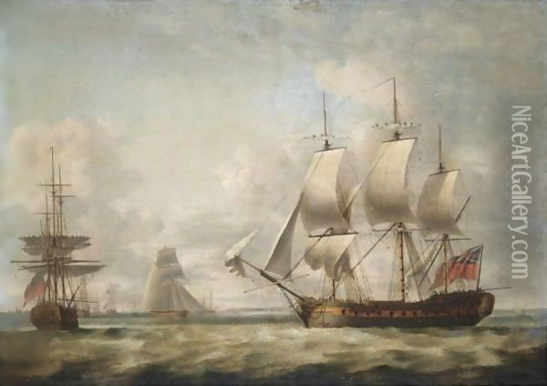 A 32-Gun Frigate Taking In Sail And Other Shipping Off The Coast Oil Painting - Thomas Luny