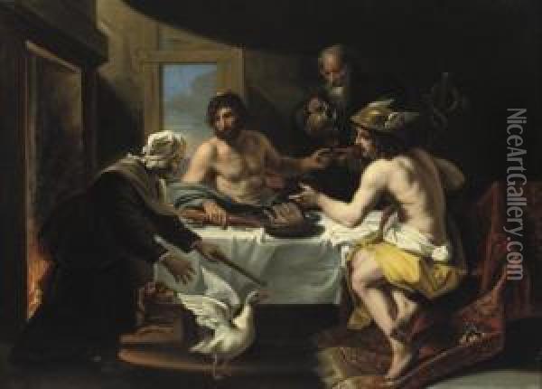 The Peasants Philemon And Baucis Visited By Jupiter And Mercurius Oil Painting - Jan van den Hoecke