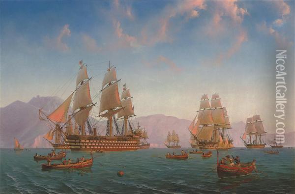 The British Mediterranean Fleet Exercising Off The Amalfi Coast At Sunset, With Local Fishermen At Work Nearby Oil Painting - Julius Prommel