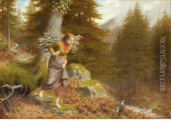 Faggot Gatherer On A Woodland Path Oil Painting - James Barnes