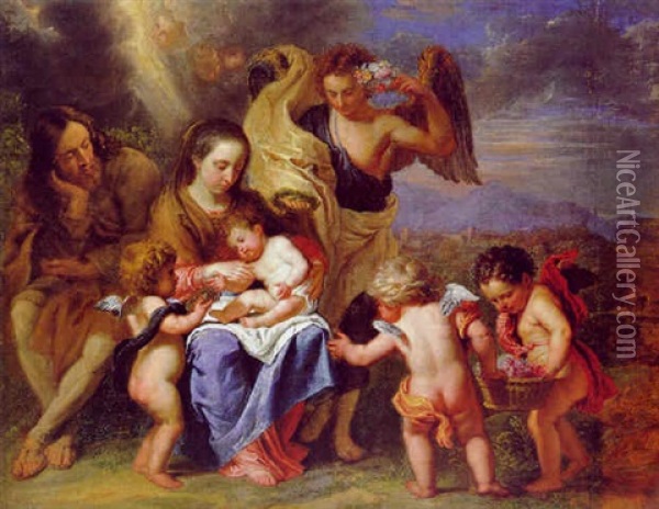 Die Heilige Familie Mit Engeln In Einer Landschaft Oil Painting - Erasmus Quellinus II