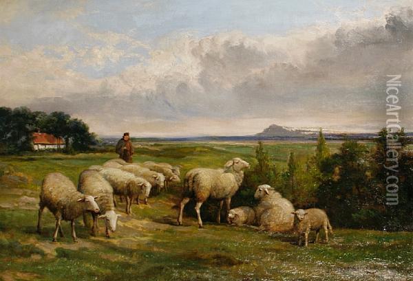 A Shepherd And His Flock Oil Painting - Jef Louis Van Leemputten