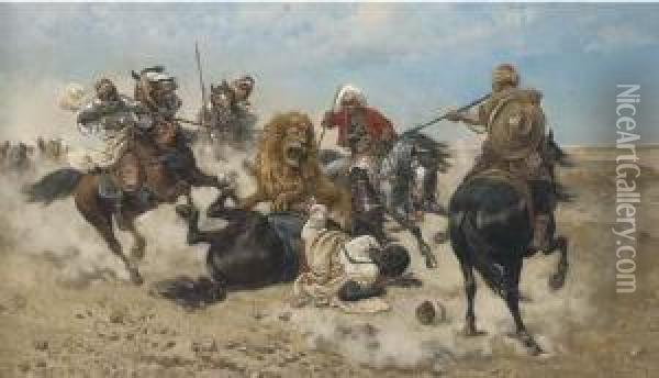 Horsemen Attacking A Lion Oil Painting - Giuseppe Gabani