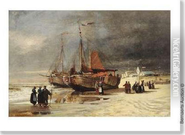 'le Retour Des Pecheurs Avant La Tempete' Toile. Oil Painting - Emile Breton