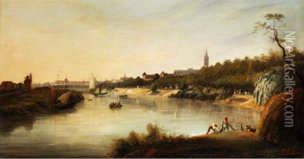 Vedute Einer Englischen Stadt An Einem Flusslauf Oil Painting - Thomas Sewell Robins