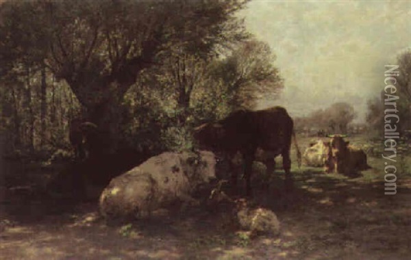 Cows And A Goat Resting In A Sunlit Meadow Oil Painting - Hermann Baisch