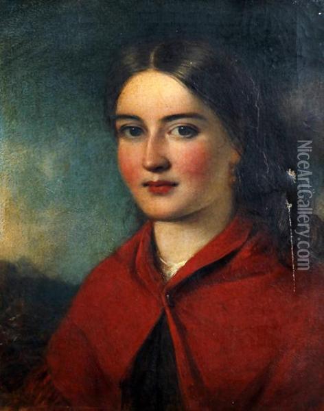 A Portrait Of A Young Country Girl Wearing A Red Shawl Oil Painting - James John Hill
