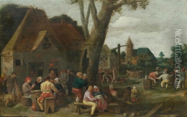 Ausgelassenes Fest Vor Einer Schenke Oil Painting - Adriaen Brouwer