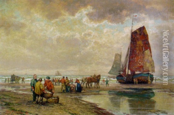 Fischverkauf Am Strand Von Scheveningen Oil Painting - Georg Sommer