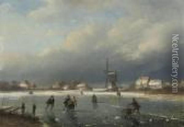 A Winter Landscape With Skaters And A Mill Beyond Oil Painting - Nicholas Jan Roosenboom
