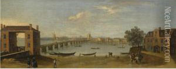View Of The Thames At Putney Bridge, From The Fulham Bank, With The Swan Inn Oil Painting - John Inigo Richards