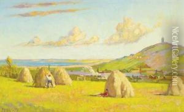 Gathering Hay Near Scrabo County Down Oil Painting - Thomas Bond, Tom Walker