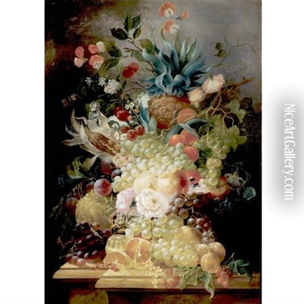 Still Life Of Various Fruits And Flowers On A Ledge Including A Pineapple And An Ear Of Corn Oil Painting - Jan Evert Morel the Elder