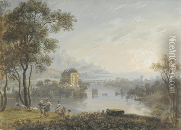 Figures Dancing And Playing Musical Instruments In A Claudian Landscape Oil Painting - Adam Callander