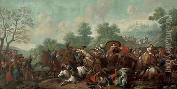 A convoy being attacked by brigands on a mountain pass Oil Painting - Jan van Huchtenburg