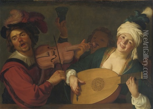 A Merry Group Behind A Balustrade With A Violin And A Lute Player Oil Painting - Gerrit Van Honthorst