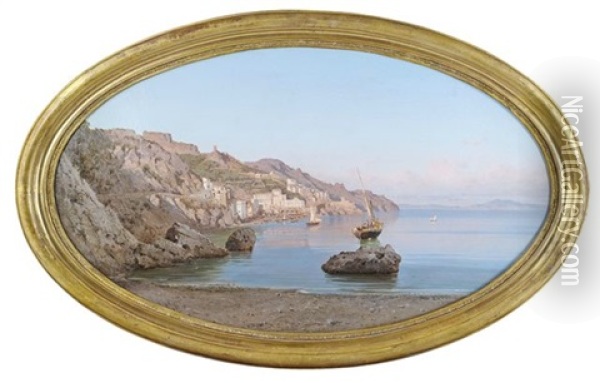 Amalfitanische Kustenlandschaft Mit Einem Fischerboot (+ Blick Auf Amalfi Im Fruhen Abendlicht, Oil On Canvas; Pair) Oil Painting - Alessandro la Volpe