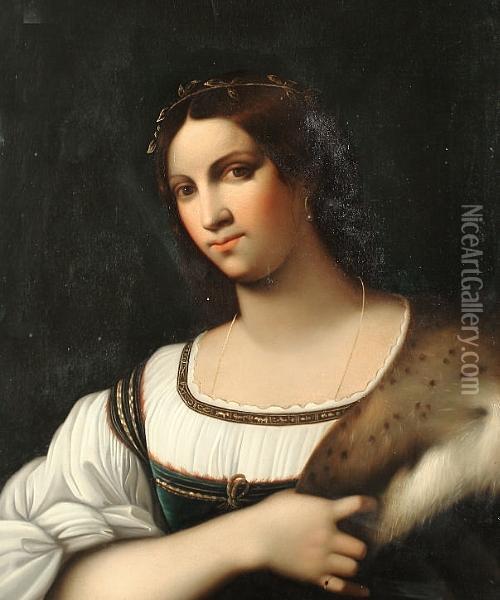 Portrait Of A Young Lady 
Bust-length In A Blue Dress And A White Chemise With A Fur-trimmed Wrap Oil Painting - Sebastiano Del Piombo