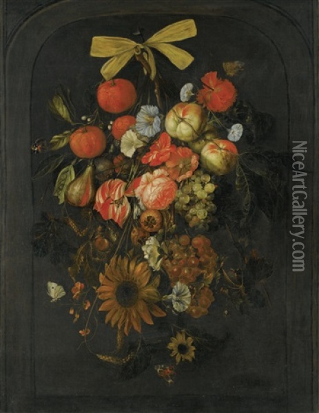Festoon Of Flowers And Fruit Oil Painting - Cornelis De Heem