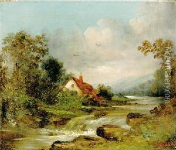 Two Works: Cottage By Stream And Fishing In Marsh Oil Painting - Wood