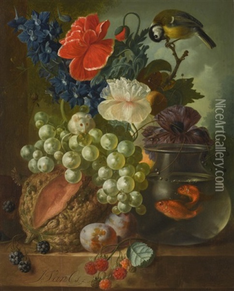 Still Life With Grapes, Melon, Plums, A White Mouse, Blue Tit And Two Goldfish In A Glass Bowl Oil Painting - Jan van Os
