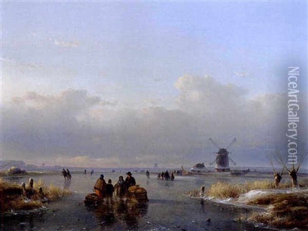 Figures On A Frozen Waterway, A Koek En Zopie In The Distance Oil Painting - Lodewijk Johannes Kleijn
