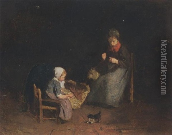 A Mother And Child In An Interior Oil Painting - Albert Johan (Jan) Neuhuys