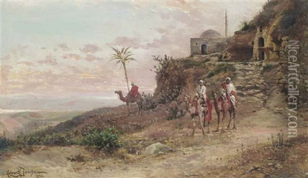 Arab Travellers On Camels At An Outlook Oil Painting - Holger Hvitfeldt Jerichau
