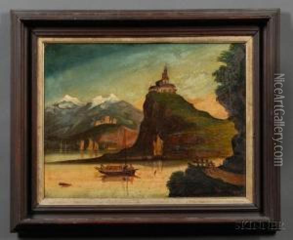 Mountain Lake Scene. Oil Painting - Thomas Chambers