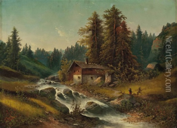 Bauernhaus In Wald Mit Wildbach Und Personenstaffage Oil Painting - Julius Zopf