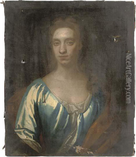 Portrait Of A Lady, Presumably 
Of The Mostyn Family, Bust-length, In A Blue Dress With Orange Shawl Oil Painting - Sir Godfrey Kneller