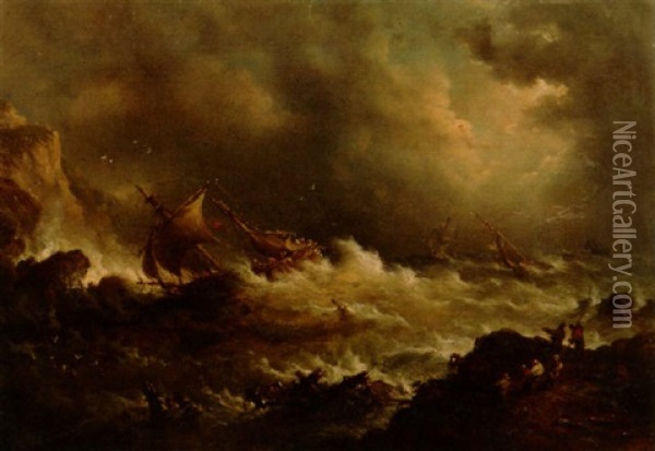 Shipping In Rough Seas Oil Painting - Louis-Gabriel-Eugene Isabey
