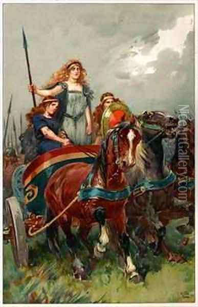 Spear in hand, Boadicea led them to attack Oil Painting - Gordon Frederick Browne