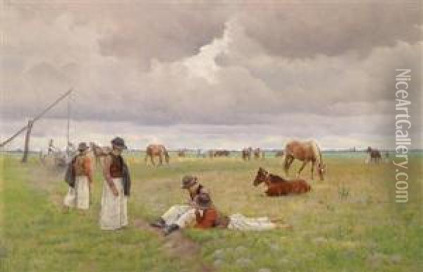 Young Herdsmen On The Puszta Oil Painting - Hermann Reisz
