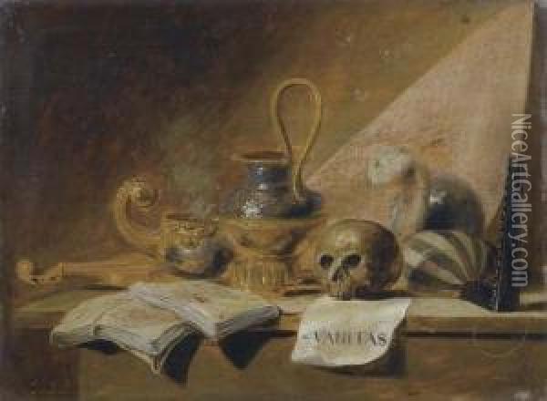 Vanitas Still Life With Books, A Violin, A Lute, And Incense Burner And A Jug On A Table. Oil Painting - Jan Jansz. Buesem
