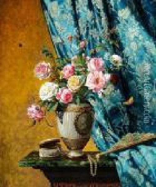 A Still Life With Roses In An Empire Vase Oil Painting - Olaf August Hermansen