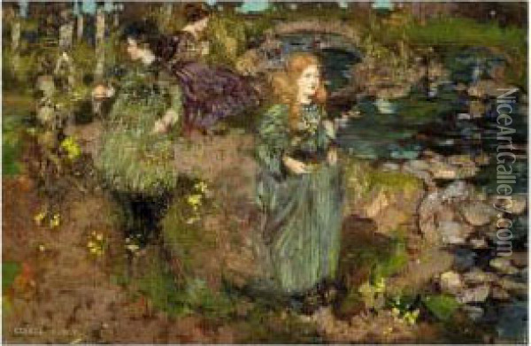Girls Gathering Cowslips Oil Painting - George Henry