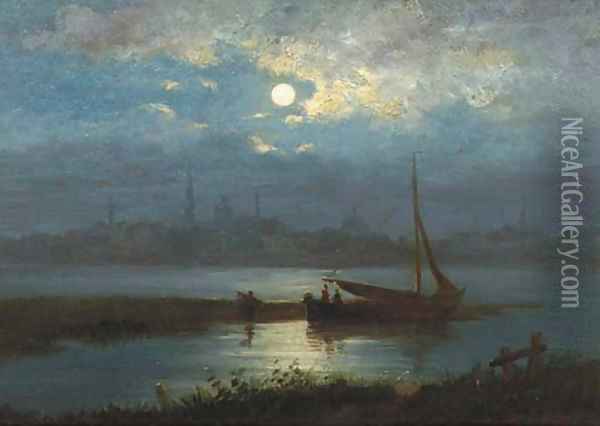 A moonlit riverlandscape with a town in the distance Oil Painting - Jacobus Theodorus Abels