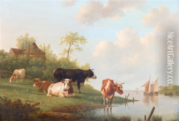 Cattle Grazing Alongside The Riverbank Oil Painting - Hendrik Frederik Verheggen