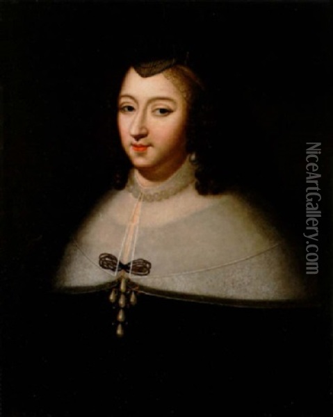 Portrait Of Anne Of Austria In A Black Dress With A White Collar And A Black Headdress Oil Painting - Charles Beaubrun