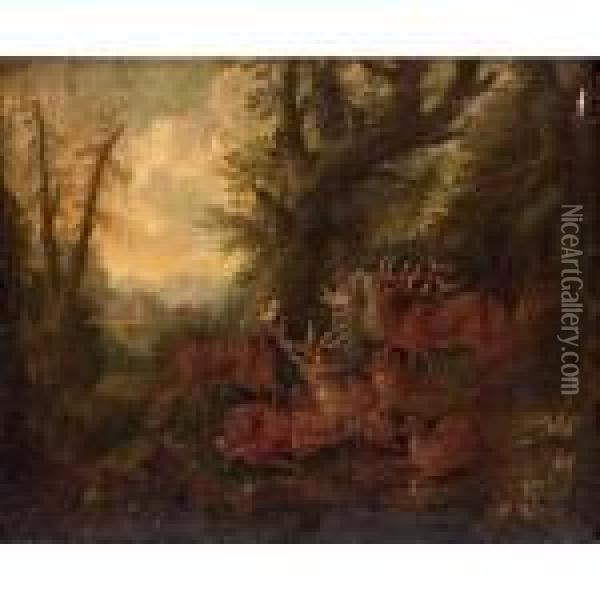 A Wooded Landscape With Deer, A Village Beyond Oil Painting - Johann Elias Ridinger or Riedinger